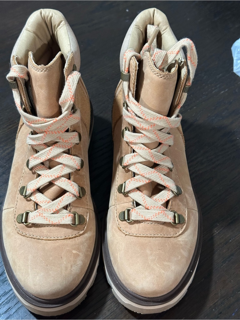 Sorel Tan Lace-Up Hiking Boots with Cream & Orange-Trim Laces